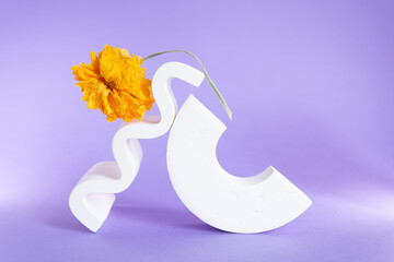 minimalistic still life with a lilac background and white figures and flowers. minimalism background for banner.