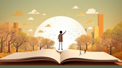 Boy standing on a giant open book