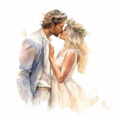 watercolor of a bride and groom kissing