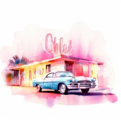 watercolor of a car parked by a motel with neon lights
