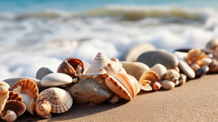 Fototapeta na wymiar Seashells on seashore beach holiday background