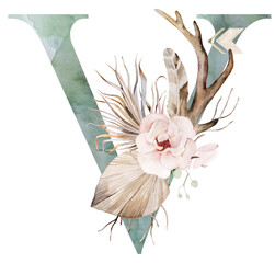 Watercolor green letter V with antlers, dried leaves and tropical flowers bouquet, Boho illustration