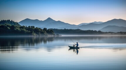 Fisherman on a calm lake with mountain and sky