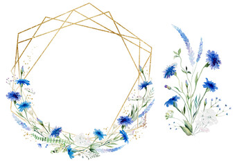 Watercolor blue cornflowers and wildflowers round frame and bouquet, wedding isolated illustration