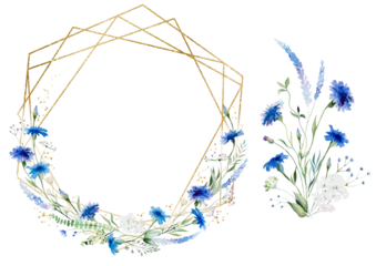 Watercolor blue cornflowers and wildflowers round frame and bouquet, wedding isolated illustration