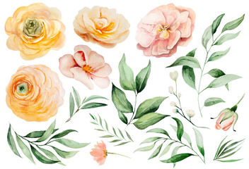 Orange and yellow watercolor flowers and green leaves, isolated illustration, wedding elements
