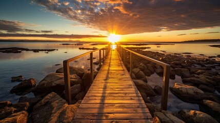 Scenic summer sunrise over a rock jetty on the beach