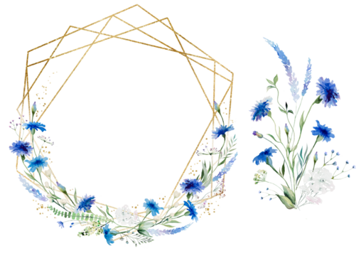 Watercolor blue cornflowers and wildflowers round frame and bouquet, wedding isolated illustration