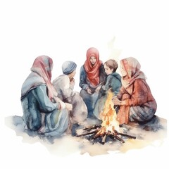 watercolor of a group of refugees around a fire