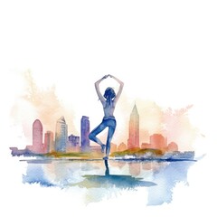 watercolor of A person practicing yoga in front of a city skyline