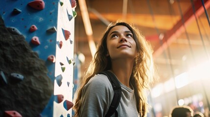 Woman practicing gymnastics rings and rock climbing
