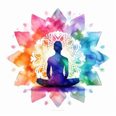 watercolor of A silhouette of a person meditating with a mandala