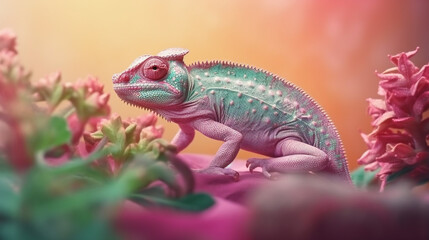Obraz premium Pink chameleon sitting in the flowers, bokeh, extreme close-up, AI Generated.