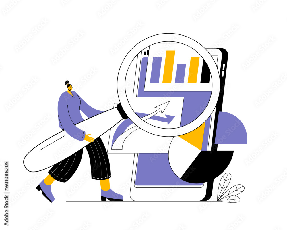 Aufkleber a girl with a magnifying glass works with data in the form of various graphs. funny vector illustrat