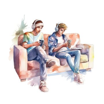 watercolor of Two friends playing video games together on a couch