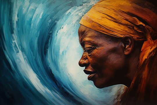 Portrait of an African woman on the background of the sea in a watercolor 