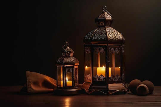 Ramadan poster with beautiful lantern decoration photos,Generative AI