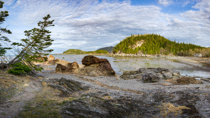 Naklejka premium Shores of Bic national park, panorama on a wonderful sunny Spring day, Bic, QC, Canada