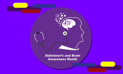 line drawing silhouette of an old woman with Alzheimer's diseased brain and stethoscope and bold text in a circle commemorating Alzheimer's and Brain Awareness Month
