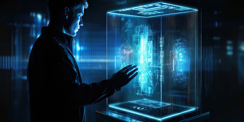 Person using holographic display, cyber security