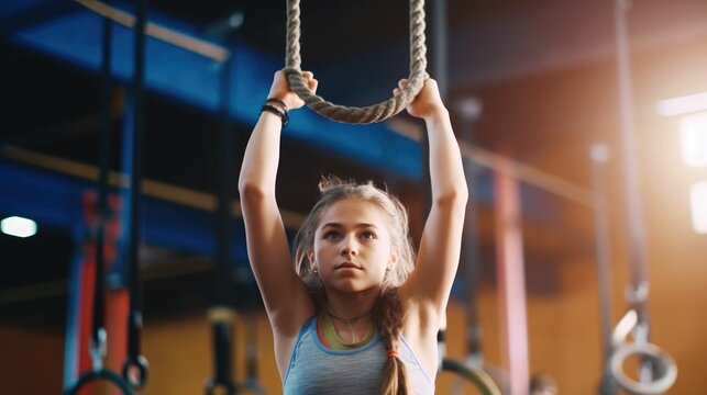 Young woman exercising with gymnastics rings at a climbing center