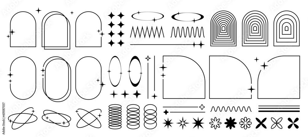 Aufkleber collection of y2k graphic elements, frames and design objects. retro vector black and white graphics