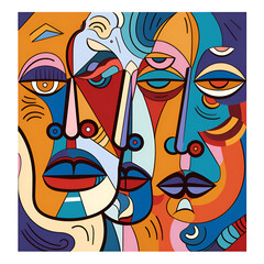 Group of colorful abstract face portrait cubism art style, decorative, line art hand drawn vector illustration.
