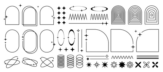 Collection of Y2K graphic elements, frames and design objects. Retro vector black and white graphics.
