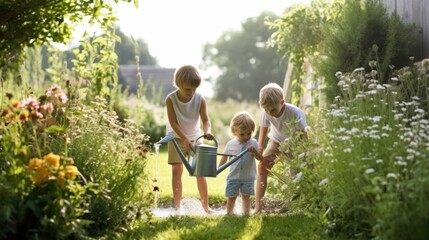 Mother and sons gardening with watering cans in the garden