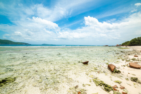 Blue sky with clouds over Anse Banane beach in La Digue island