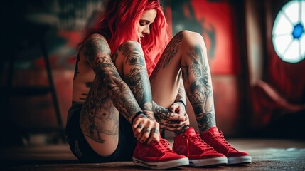 Young woman with tattoos and sneakers