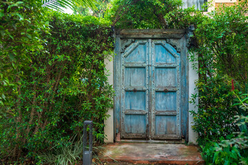 Beautiful Blue Ancient Door in the Park, Outdoor Rustic and Antique Fantasy Doorway