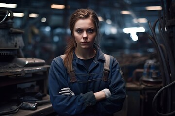 Skilled Young Female Mechanic at Auto Service Station, Generative AI - obrazy, fototapety, plakaty