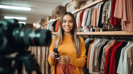 Obraz premium Female vlogger in clothing boutique