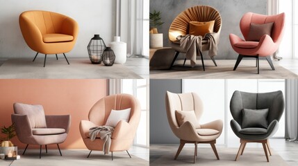Collage of trendy armchairs in modern living room interiors