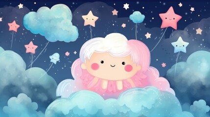 Blue sky with cute fluffy pink rainbow clouds