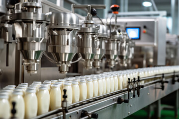 A selective focus shot of complete milk bottling line in a factory