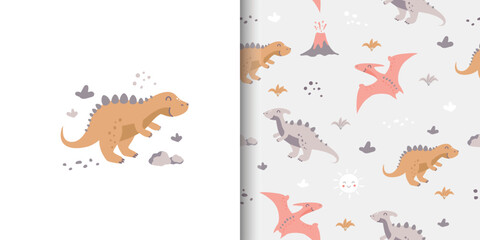 Cute Dinosaurs seamless pattern and cartoon. Children's pattern with dinos, volcano, plants in pastel color. Design for kids fashion, wrapping, wallpaper, fabric, textile © LindaAyu