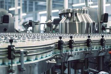 A selective focus shot of complete milk bottling line in a factory
