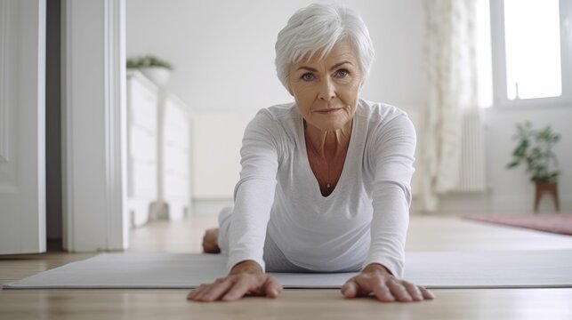 Portrait of confident senior woman stretching on bedroom floor