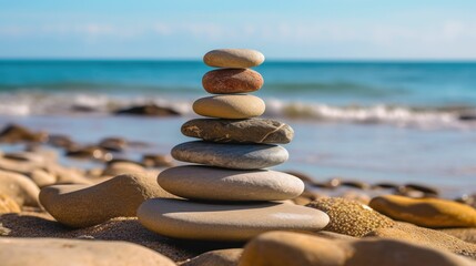 Zen stones balanced on a seashore