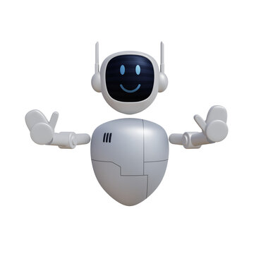 Cartoon robot 3D render with stop pose. Customer support chatbot, online consultant, assistant. 