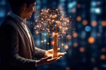 Customer network relationship and business investment growth up management concept on virtual screens, Businessman hold future data graph development planning on the network structure of the business 