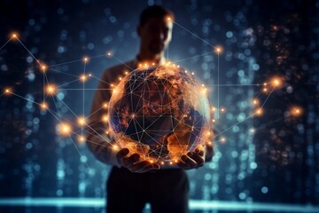 Customer network relationship and business investment growth up management concept on virtual screens, Businessman hold future data graph development planning on the network structure of the business 