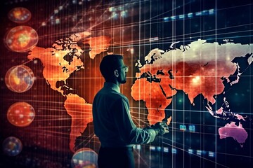 Customer network relationship and business investment growth up management concept on virtual screens, Businessman hold future data graph development planning on the network structure of the business 