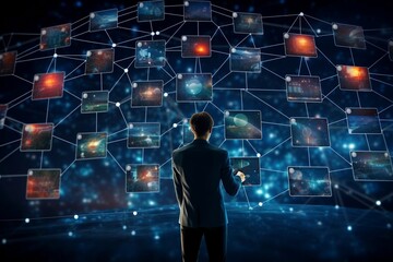 Customer network relationship and business investment growth up management concept on virtual screens, Businessman hold future data graph development planning on the network structure of the business 