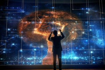 Customer network relationship and business investment growth up management concept on virtual screens, Businessman hold future data graph development planning on the network structure of the business 