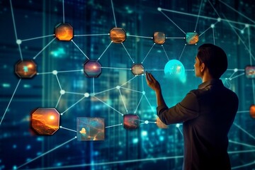 Customer network relationship and business investment growth up management concept on virtual screens, Businessman hold future data graph development planning on the network structure of the business 