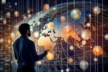 Customer network relationship and business investment growth up management concept on virtual screens, Businessman hold future data graph development planning on the network structure of the business 