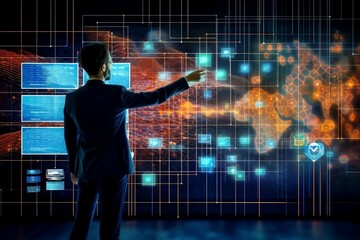 Customer network relationship and business investment growth up management concept on virtual screens, Businessman hold future data graph development planning on the network structure of the business 